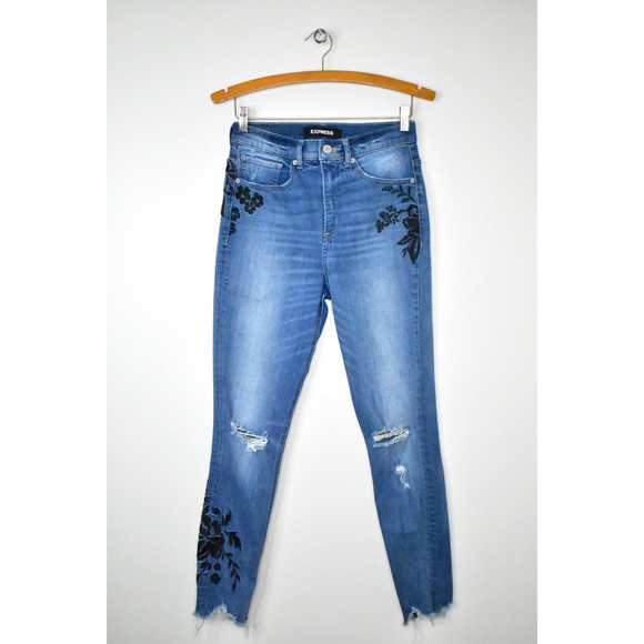 Express Ankle Legging Super High Rise Raw Hem Jeans 4 Stretch Denim Embroidered - Picture 2 of 15